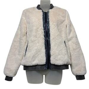 GILLI Ivory Faux Fur & Denim Bomber Jacket Full Zip Size S